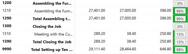 jobcosting ERP job costing and project accounting screen with percentage completion