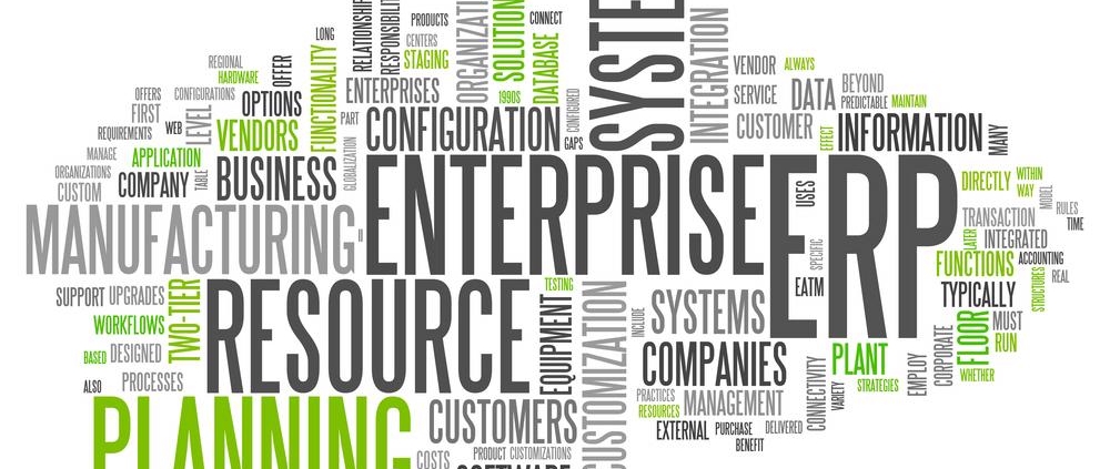 ERP word cloud with keywords like Enterprise, Resource, Planning, System, Manufacturing, and Business