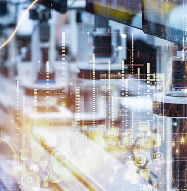 Modern manufacturing line with digital overlay and data visualization elements