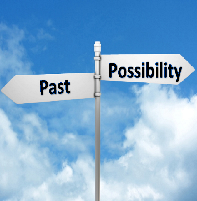 Street sign with arrows pointing to Past and Possibility under a blue sky
