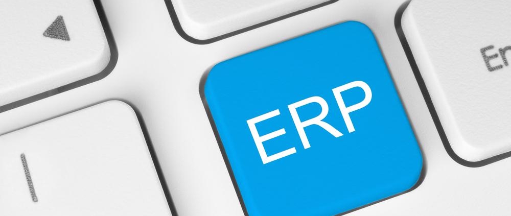 Computer keyboard with a blue ERP key representing enterprise resource planning software