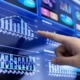 Hand pointing at digital dashboard with bar charts and graphs for data analysis