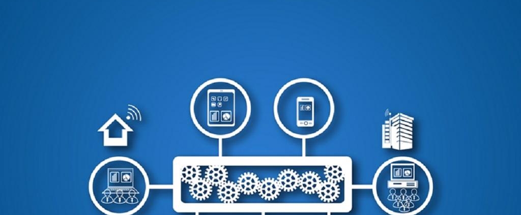 Digital network diagram with gears and connected devices symbolizing system integration and connectivity