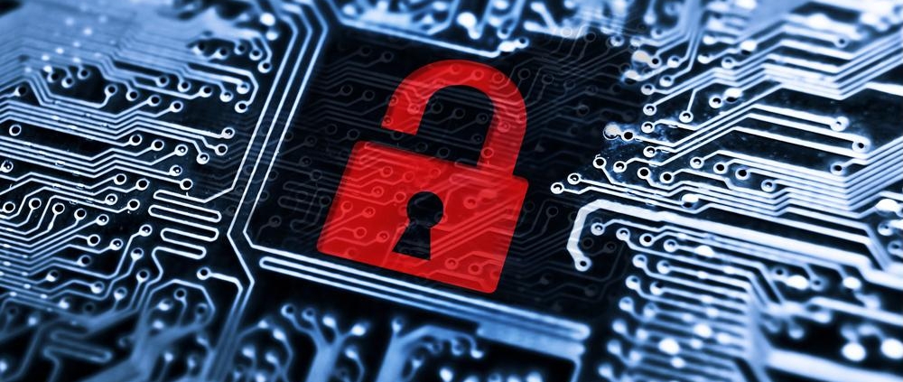 Red padlock symbol on a digital circuit board, representing cybersecurity vulnerability and data breach risk