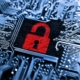 Red padlock symbol on a digital circuit board, representing cybersecurity vulnerability and data breach risk