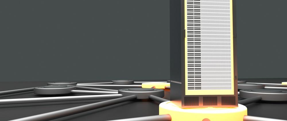 Data server connected to a digital network with glowing connections, representing cloud computing and data storage